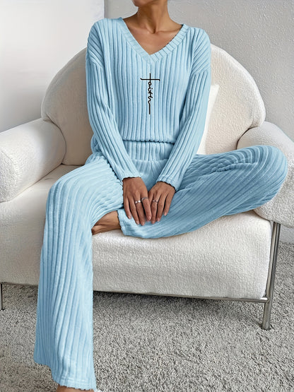 Women's Faith-Inspired Ribbed Two-Piece Set - V Neck Long Sleeve Top & Comfy Pants - Chic Spring & Fall Casual Outfits