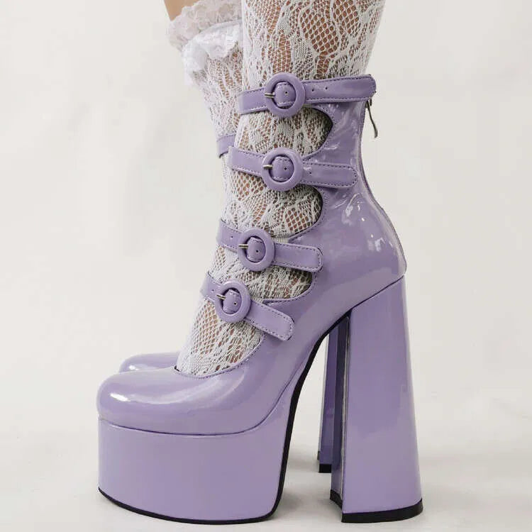 New Purple Lolita Sweet 15Cm High Heels Thick Bottom Bow Women's Round Head Hollow Out Buckle Single Shoes Size 36-47