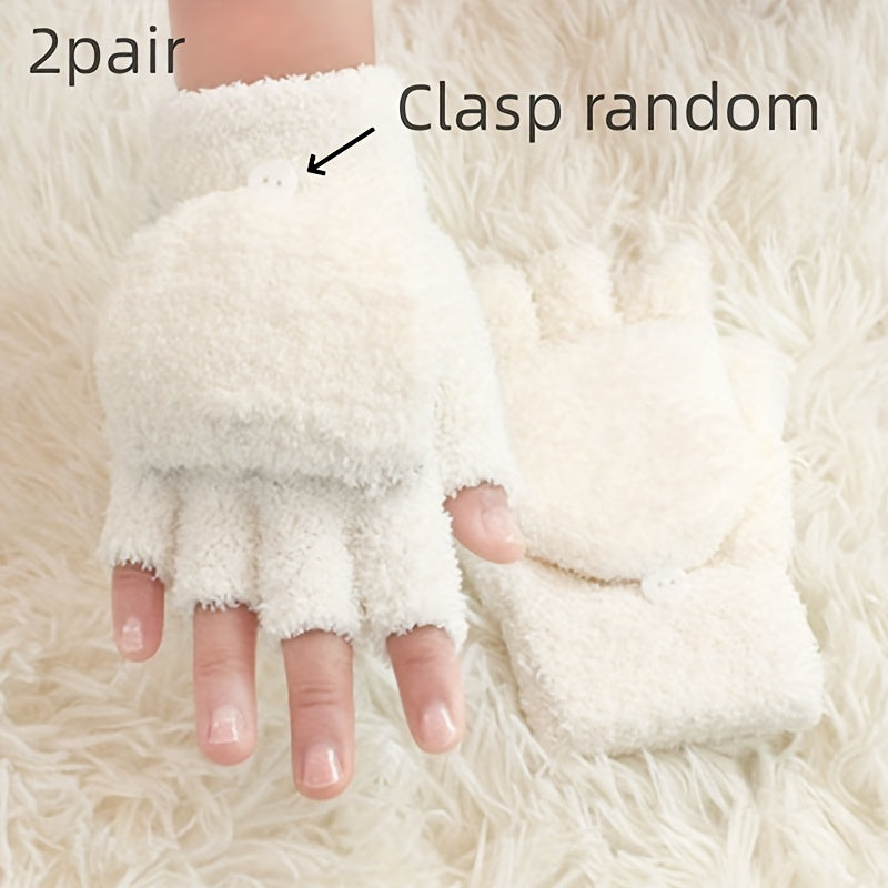 2 Pair Coral Fleece Flip Half-finger Gloves, Simple Cold-proof Writing Thicken Warm Gloves