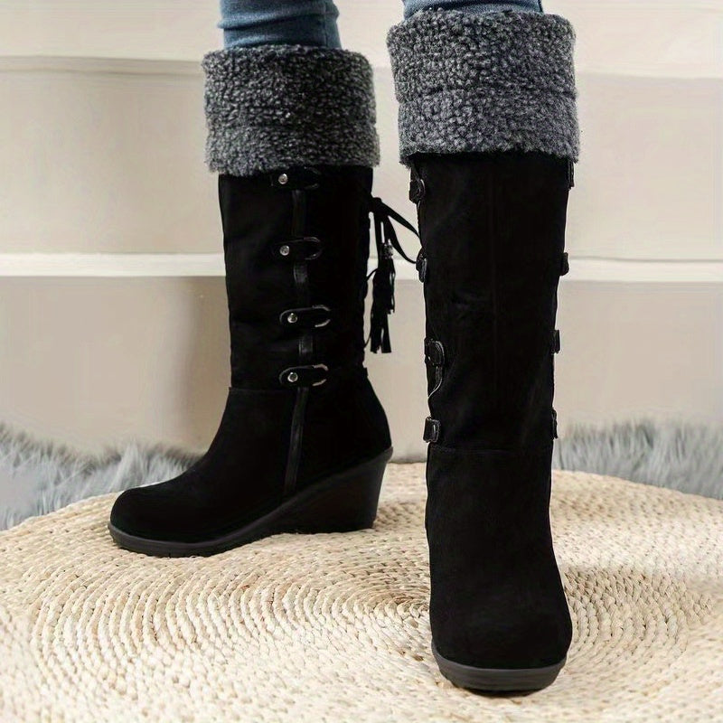 Stylish Plush Lined Wedge Heeled Boots - Knee-High Comfortable Dress Boots with Slip-On Design and Soft Inners for Women - Perfect for Casual and Formal Occasions