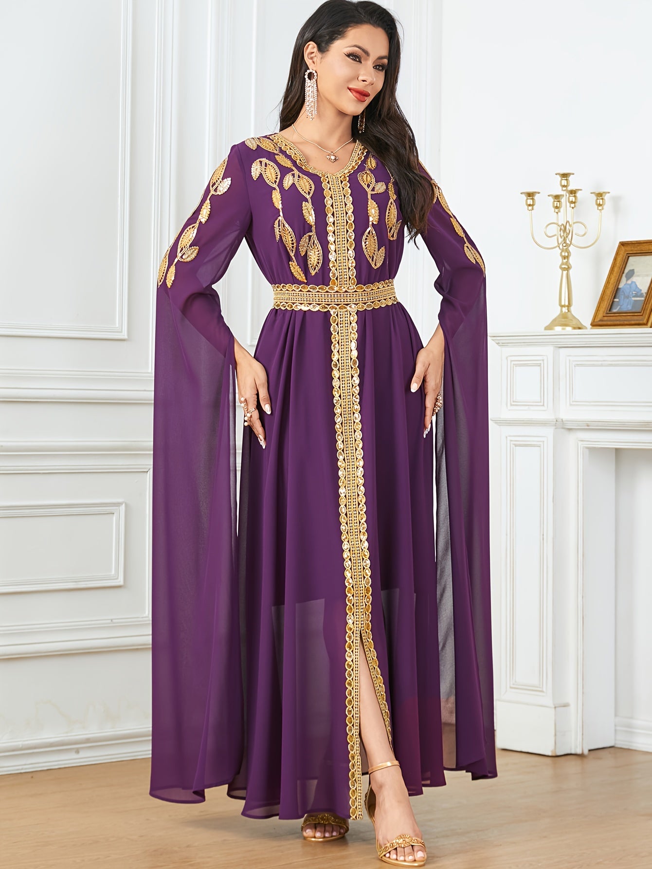 Luxurious Embroidered V-Neck Kaftan Maxi Dress - Elegant Tied Waist, Flowy Cape Sleeves, Comfortable Women's Clothing for Special Occasions - Perfect for Formal Events, Weddings, and Parties