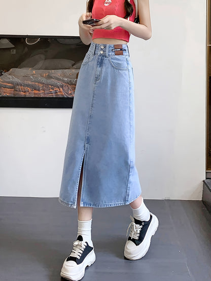 Plain Light Washed Blue Double Buttons High Rise Split Hem Midi Denim Skirt, Women's Denim Jeans & Clothing