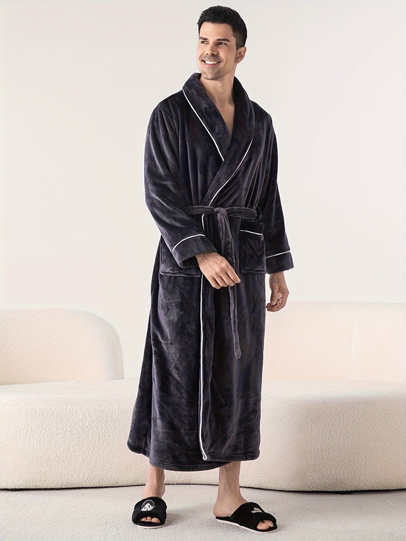 Polyester Flannel Couples Bathrobe Set - Comfortable V-Neck Long-Sleeve Loungewear for Men and Women, Warm Plush Robe for Fall/Winter, Solid Color Knit Fabric with No Detail, Regular Fit