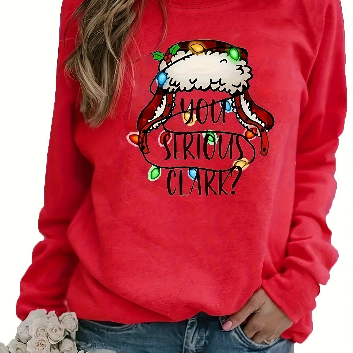 Cozy Festive Graphic Print Crew Neck Sweatshirt - Soft Casual Long Sleeve Drop Shoulder Design, Relaxed Fit, Women's Winter Clothing for Holiday Season