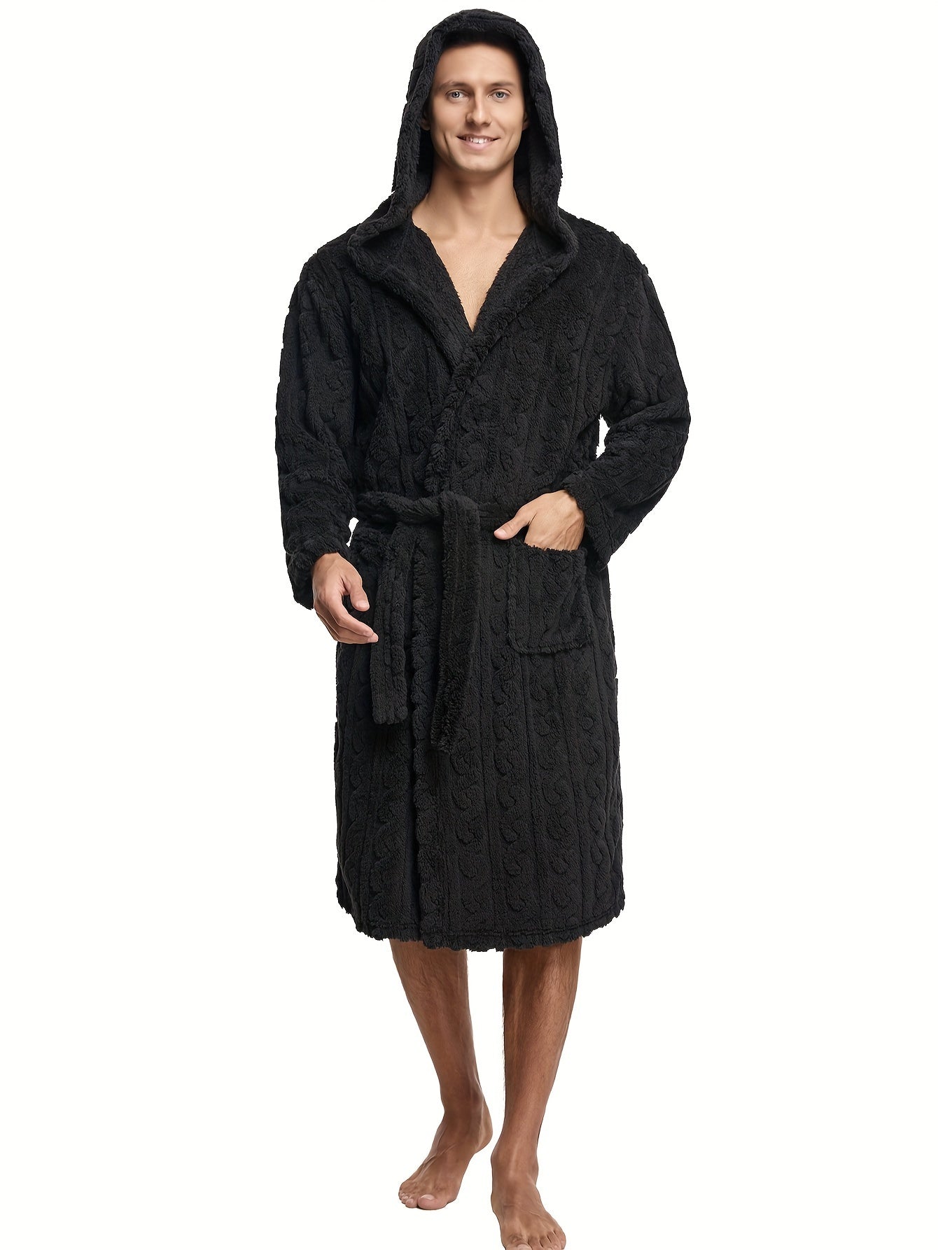 Men's Comfy Solid Fleece Robe Home Hooded Pajamas Wear With Pocket, One-piece Lace Up Kimono Night-robe Warm Sets After Bath