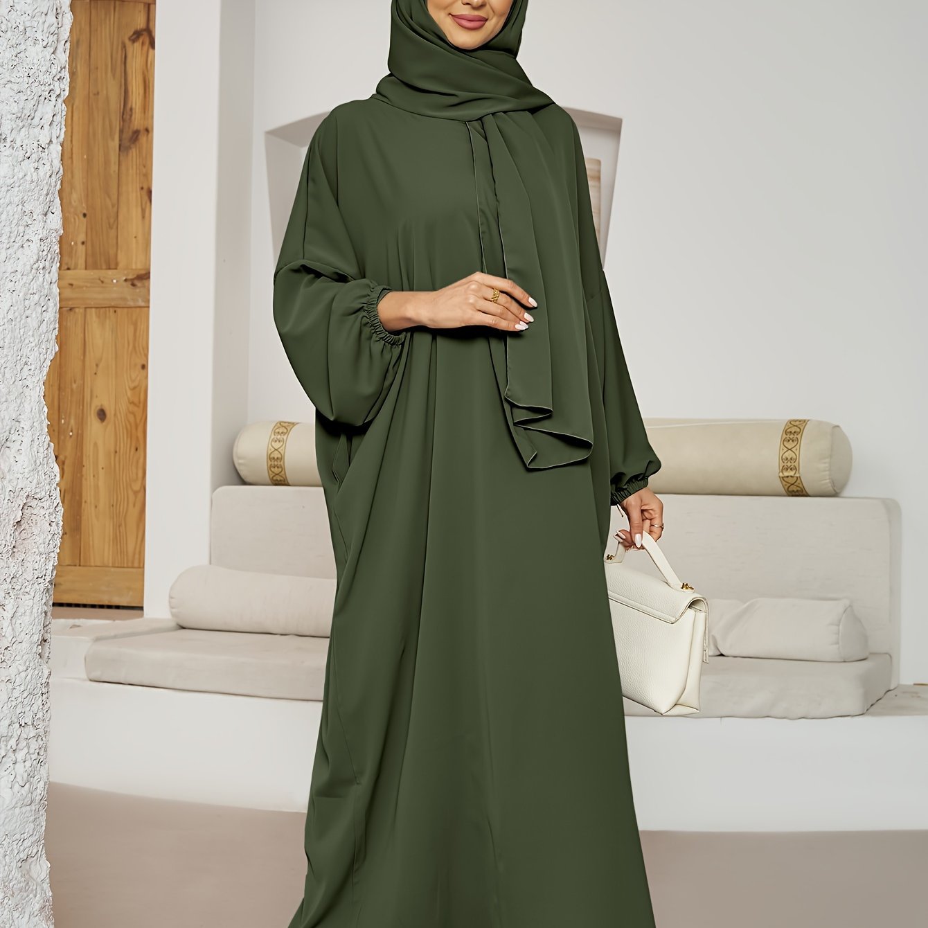 Chic Solid Color Kaftan Dress with Integrated Headscarf - Elegant Long Sleeve Maxi for Women - Flattering, Flowy, and Alluring Style