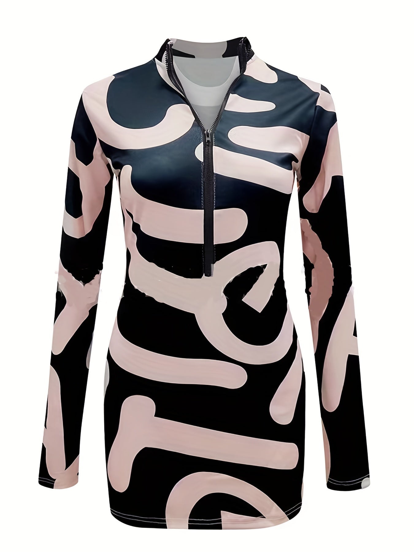 Bold Abstract Zipper Dress - Stylish Casual Long Sleeve Bodycon - Fashion Womens Clothing