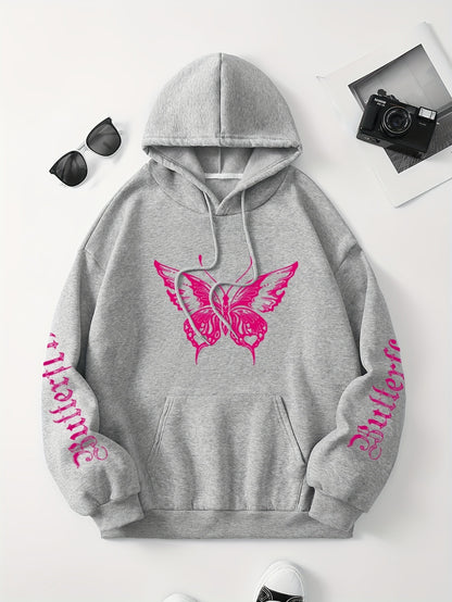 Chic Butterfly & Letter Graphic Hoodie - Comfy Drawstring Design with Kangaroo Pocket, Versatile Casual Wear for Women