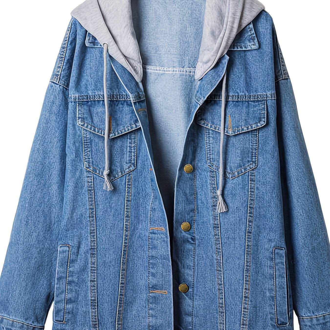 Hoodie Hat Oversized Long Denim Jacket, Flap Pockets Long Sleeve Denim Coat, Women's Denim & Clothing