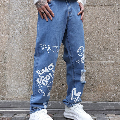 Fashionable Design Men's Graffiti Style Pattern Ripped Denim Jeans, Stylish And Trendy Cotton Blend Pants For Street Leisurewear