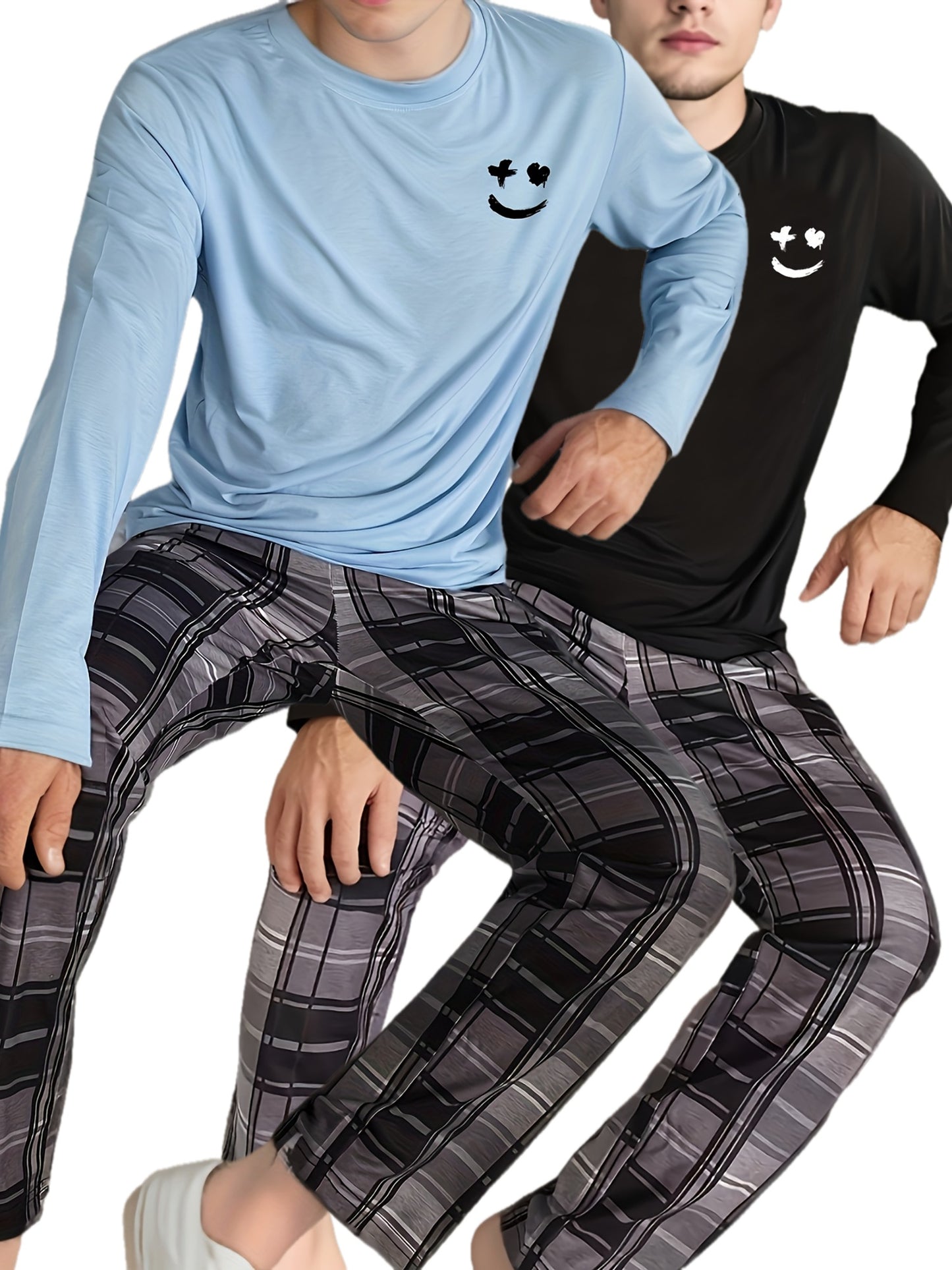 2 Pcs Men's Pajama Sets, Happy Face Pattern Long Sleeves & Plaid Pants, Comfortable & Gentle Style Pajamas For Men's Summer Cozy Loungewear