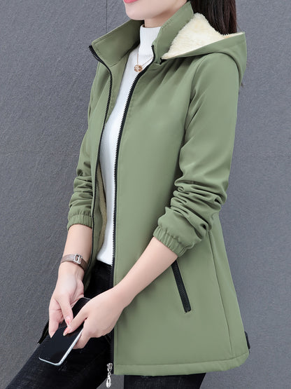 Autumn Winter Women's Plus Size Plush Long Sleeved Casual Hooded Jacket, Cozy Oversized Warm Coat For Women