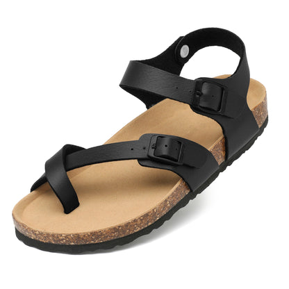 Comfortable Orthopedic Leather Slides Sandals - Adjustable Buckles, Non-Slip Cork Footbed, Arch Support, Breathable, Easy Walking, Stylish Fashion Shoes for Women