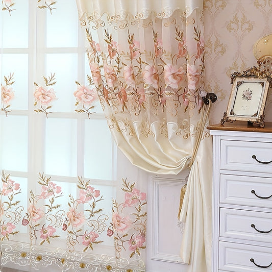 1pc Pink European-Style Floral Embroidered Curtain - Elegant Window Treatment for Bedroom, Office, Kitchen, Living Room, Study - Adds Touch of Vintage Charm to Home Decor