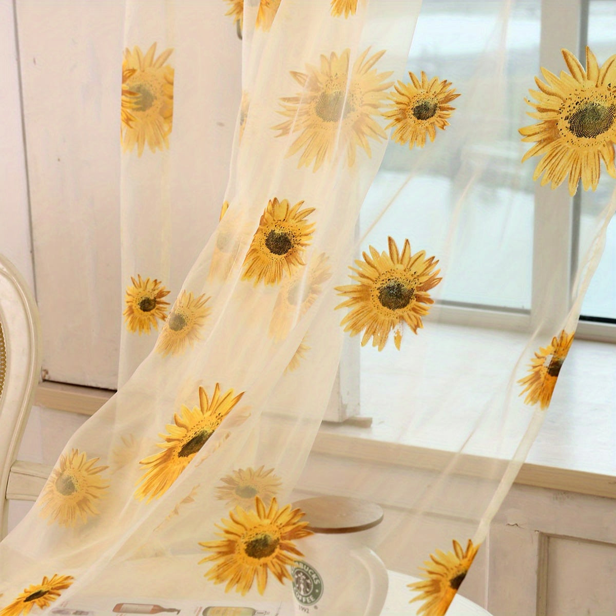 Brighten Up Any Room with This Sunflower Sheer Curtain - Light-Filtering, Rod Pocket Design, Perfect for Living Room, Bedroom, Kitchen - 1pc