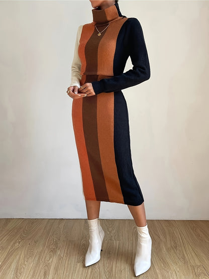 Vibrant Color Block Turtle Neck Knit Dress - Soft, Elegant, Simple, Long Sleeve, Slim Fit, Midi Length, Perfect for Spring & Fall - Women's Clothing for Everyday Wear