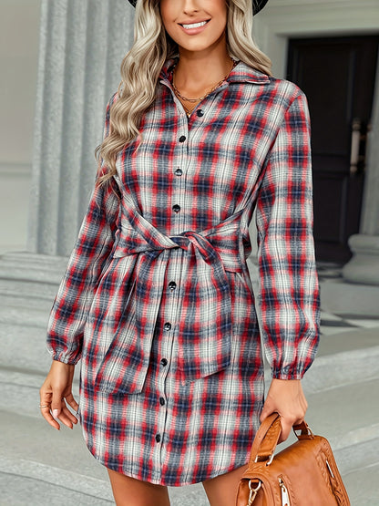 Stylish Plaid Print Long Sleeve Shirt Dress - Women's Casual Collared Lace Up Waist Dresses with Classic Button Up Design and Flattering Fit - Perfect for Everyday Wear