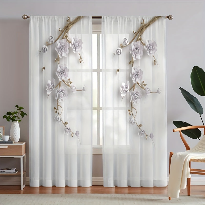 2pcs Flower Printed Yarn Curtain, Rod Pocket Window Treatment For Bedroom Office Kitchen Living Room Study Home Decor