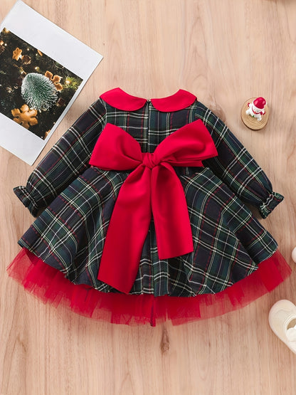 Girls' Plaid Waist Bow Stitched Mesh Christmas Dress