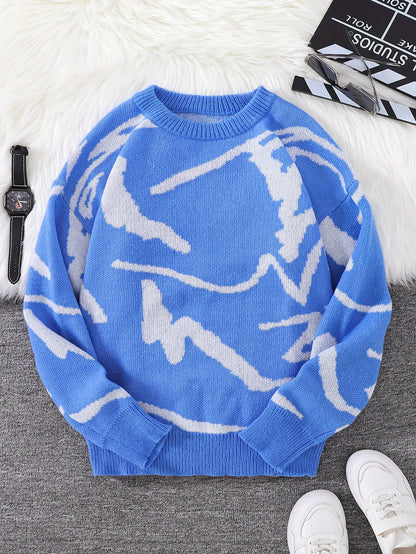 Long Sleeve Chic Graffiti Graphic Knit Sweater - Crew Neck, Polyester, Slight Stretch, Regular Fit, Hand Wash - Trendy Daily Wear for Spring and Autumn