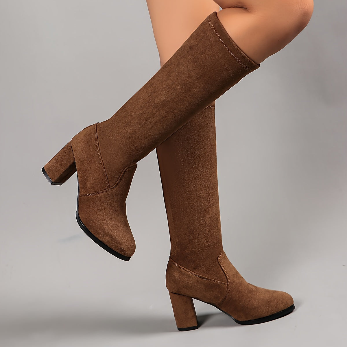 Elegant Stretchy Knee-High Boots, Mid-Heel with Pointed Toe, Solid Color Flannel, Winter Chic Slip-On