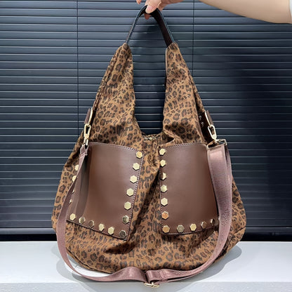 Chic Leopard Print & Denim Canvas Tote - Spacious Shoulder Bag with Rivet Accents, Detachable Strap for Women