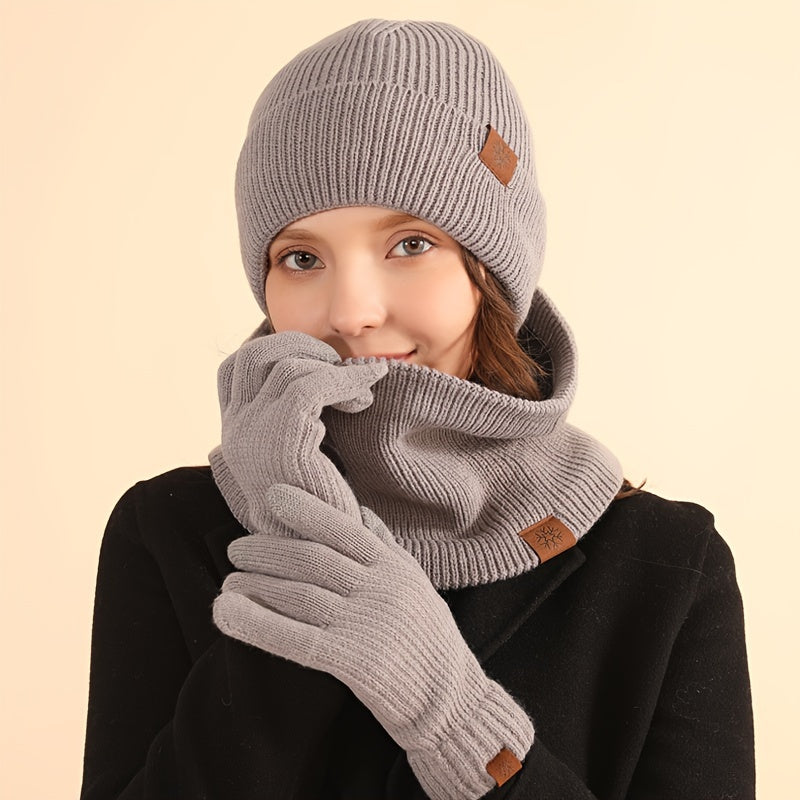 3pcs Winter Scarf Gloves Beanie Set Solid Color Knit Hats Beanies Elastic Knitted Gloves Warm Neck Gaiter Knit Infinity Scarves For Women Men