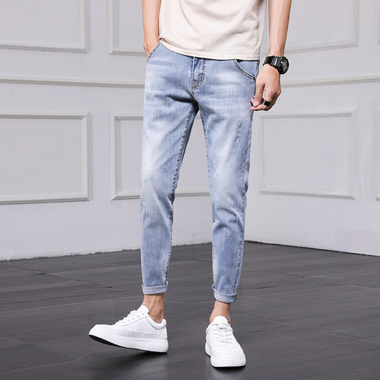 Men's Ripped Jeans Cropped Casual Men's Trousers Slim Fit Skinny Stretch Korean Style Pants Men