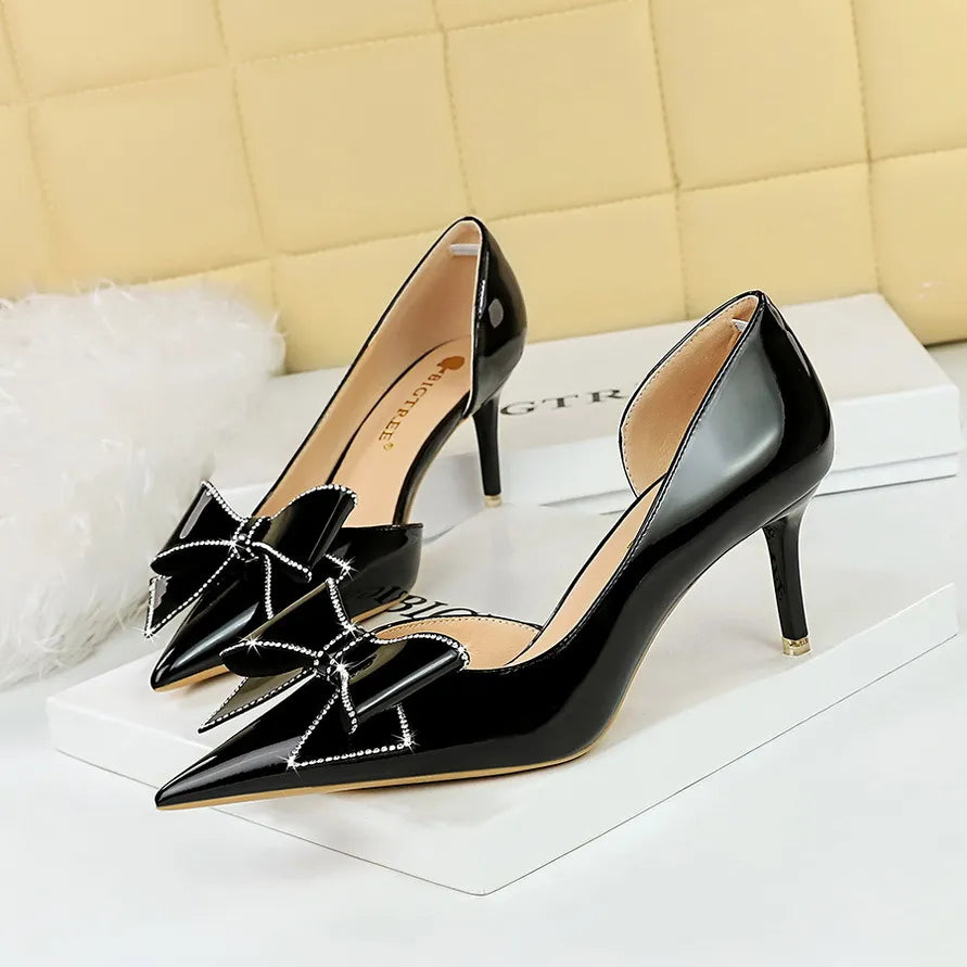 High heels banquet women's shoes side hollow shallow mouth pointed rhinestone bow high heels single shoes