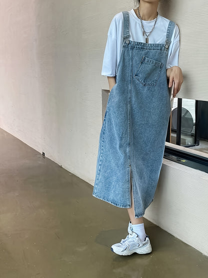 Plain Washed Blue Adjustable Strap Loose Fit Retro Casual Style Denim Overall Dress, Women's Denim Jeans & Clothing