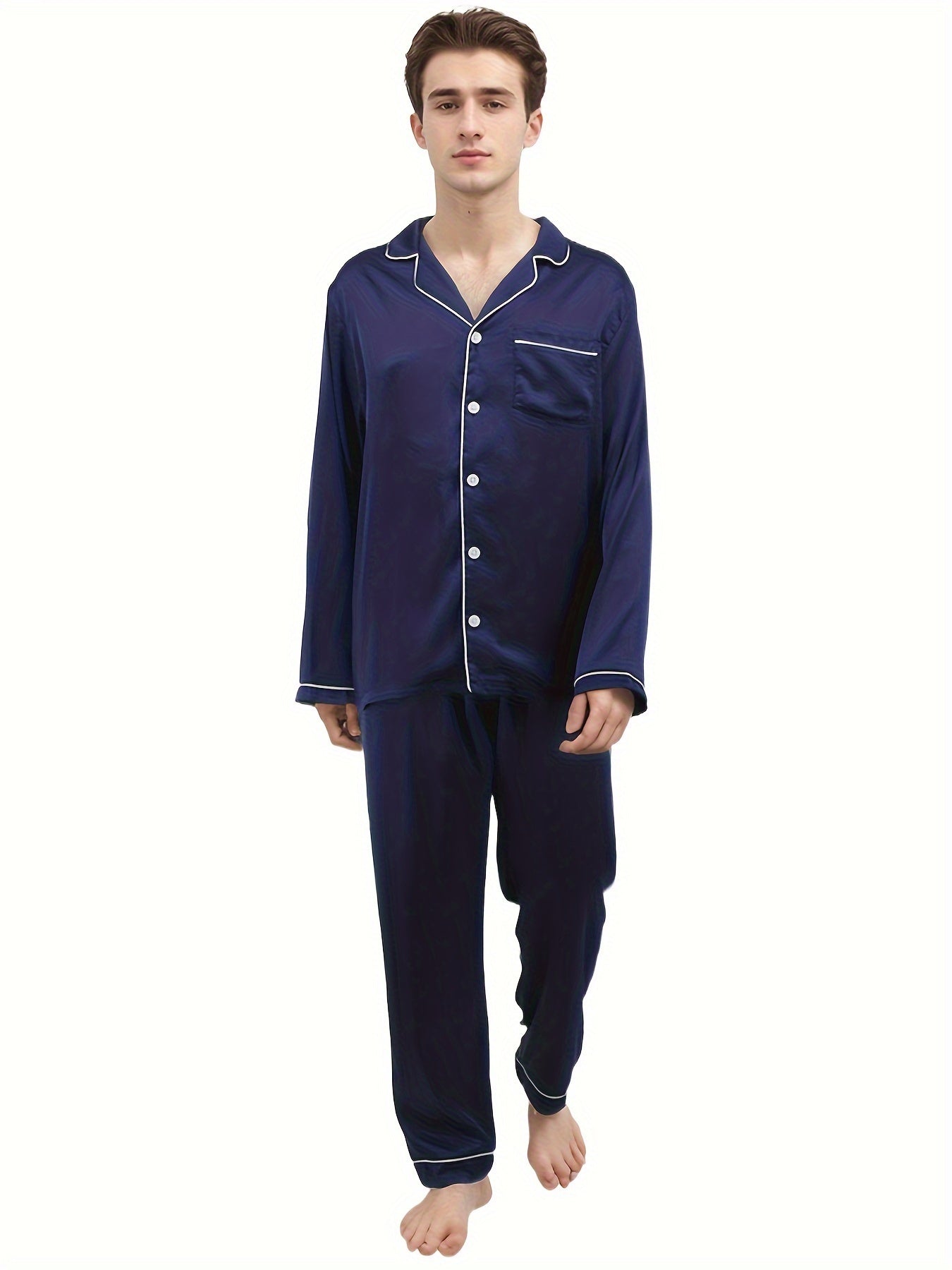 Pyjama Set For Men Silk Satin Pjs Set Two Piece Short Sleeve Pyjamas Button Down Sleepwear Soft Nightwear Pjs