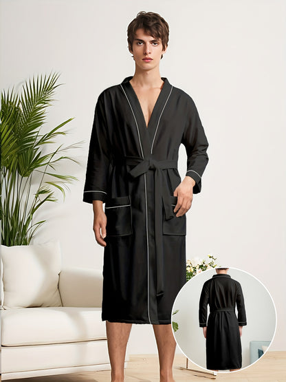 Men's Casual Non-Stretch V-neck Satin Kimono Robe, Elegent Style With Solid Color, Vacation Style Comfortable Sleepwear Elegant Style Bathrobe With Belt Spa Home Wear