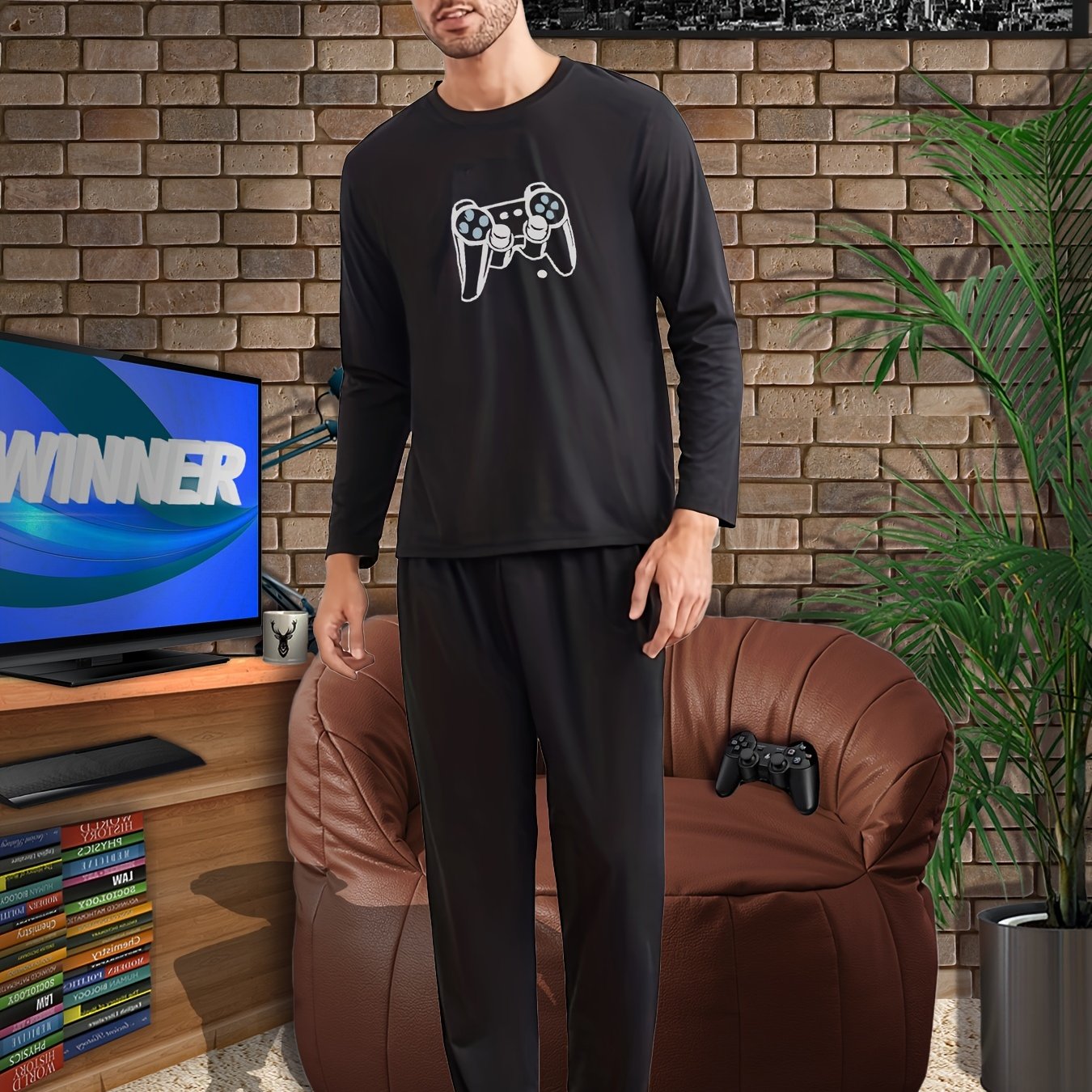 Men's Casual Long Sleeve T-shirt & Trousers Loungewear Set, Crew Neck Graphic Print Pajama Top & Loose Pants Set