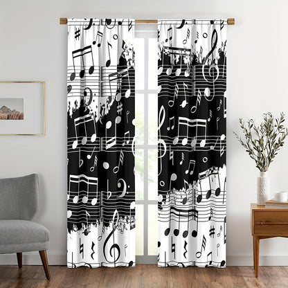 2pcs Music Notes Printing Curtain, Rod Pocket Window Treatment For Bedroom Office Kitchen Living Room Study Home Decor, Room Decoration Aesthetic Curtain