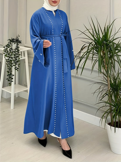 Ramadan Glamour - Solid Beaded Open Front Burqa Maxi Dress with Belted Waist - Timeless & Elegant Womens Clothing for Ramadan