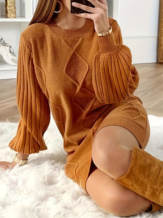 Rich Color Lantern Sleeve Knit Dress - Soft, Cozy, and Effortlessly Casual with Flattering Sleeves and Classic Crew Neck - Perfect for Chilly Fall and Winter Seasons, Designed Exclusively for Women