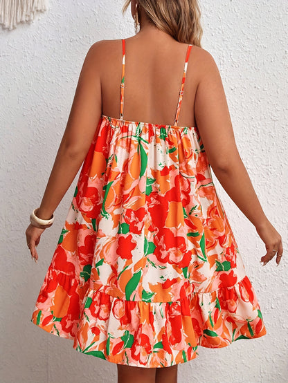 IKEARLAX Bold Floral Print Plus Size Cami Dress - Alluring Backless & Ruffle Hem - Adjustable Spaghetti Strap Vacation Style Dress for Spring & Summer - Perfect for Womens Plus Size Wardrobe