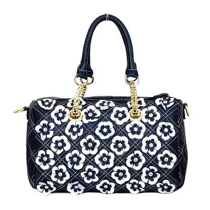 Floral Pattern Leather Handbag - Genuine Leather, 3D Floral Top Handle, Satchel Shoulder Crossbody Bag, Tote Bag Style, Black and White Color