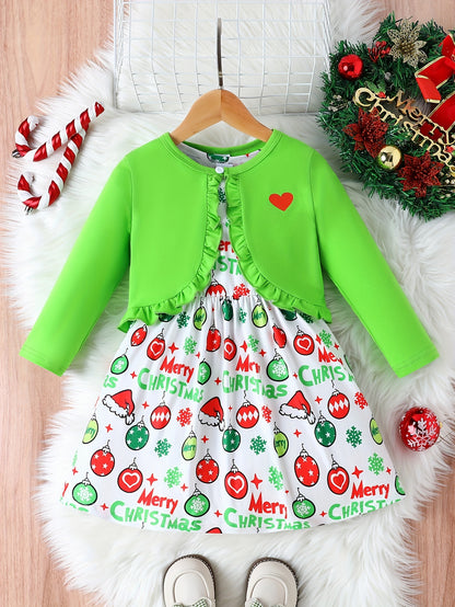 Girls' 2pcs Christmas Outfit Set: Cozy Knit Ruffle Heart Long Sleeve Cardigan & Festive Balloon Print Dress - Machine Washable, Perfect for Outdoor