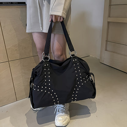 Nylon Tote Bag with Studded Detailing, Casual Large Capacity Shoulder Bag for Work and Everyday Use, Zippered Closure with Fixed Shoulder Straps, Polyester Lined - Baigou, Available in White, Black, Green, Coffee