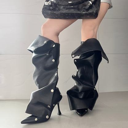 Chic Convertible Knee-High/Stiletto Mid-Calf Boots with Pointed Toes and Ruched Design - Perfect for Dress-Up Occasions