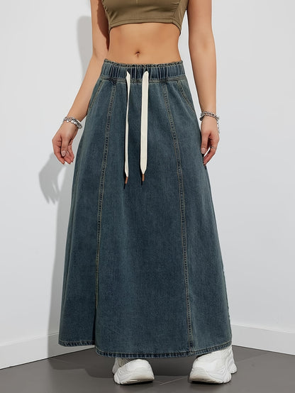 Elegant Women's Denim Midi Skirt with Pockets - Stretch Waist, Loose Fit, Non-Stretch Fabric, Machine Washable - Perfect for Spring/Summer/Fall