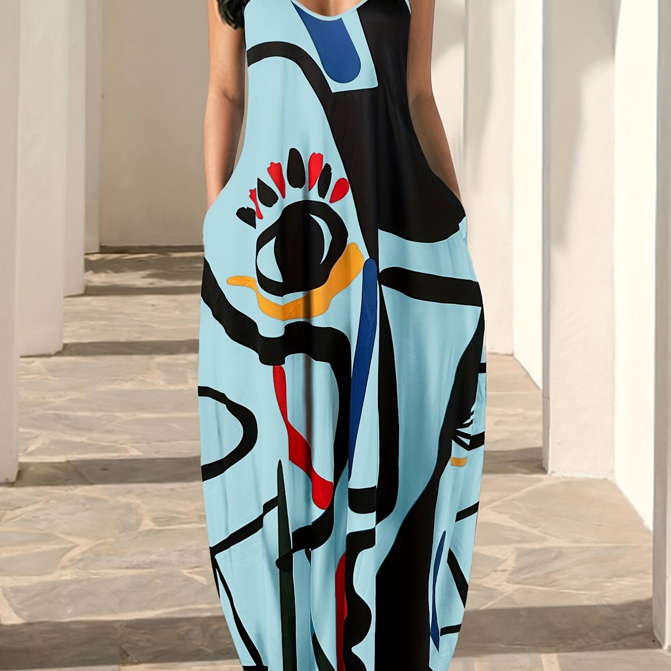 IKEARLAX Flowing Maxi Sundress - Vibrant Abstract Art Print - Breezy Spaghetti Straps - Versatile Summer Attire for Women