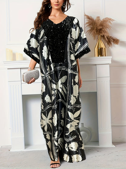 Stunning All-Over Print Maxi Dress - Contrast Sequined, Elegant Batwing Short Sleeve, Loose Fit, Polyester, Woven, Random Printing, Middle East Style, No Elasticity, No Sheer - Womens Modest Clothing for All Seasons