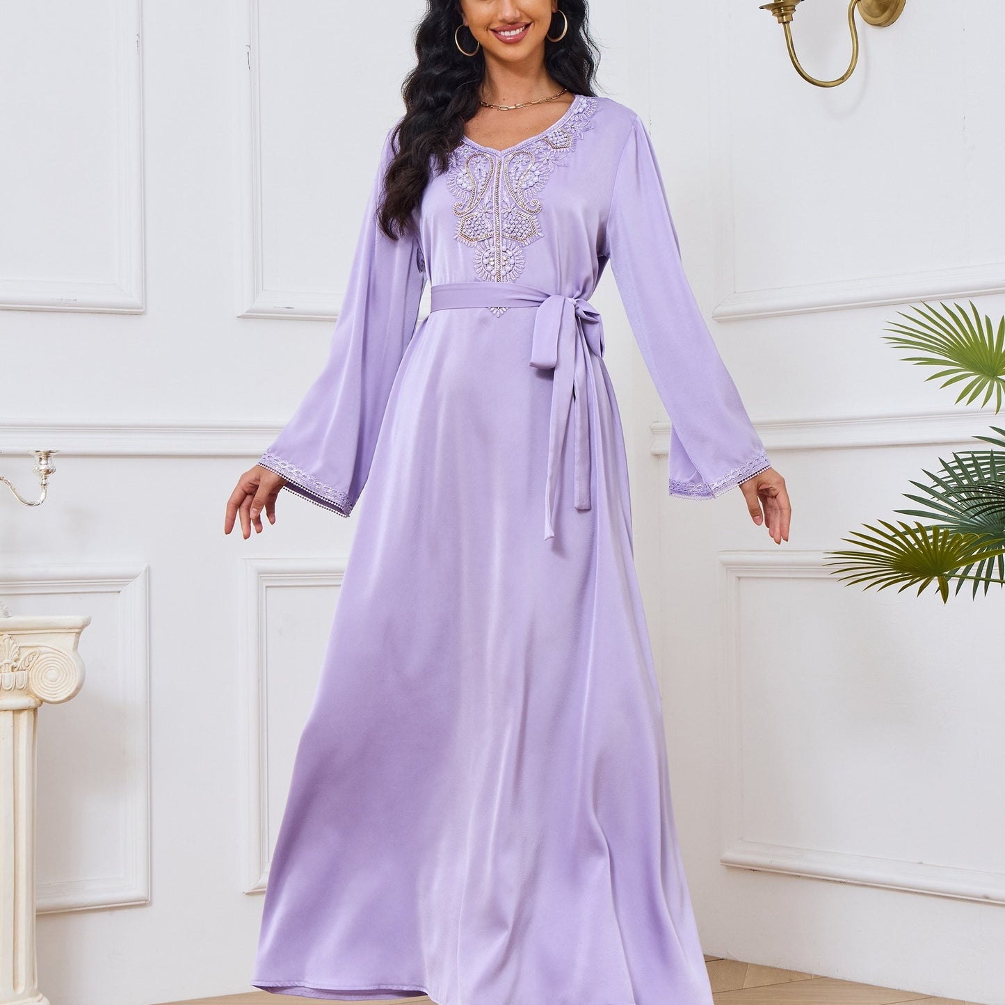 Ramadan Floral Charm - Luxurious Beaded Kaftan Dress with Long Sleeves & Tied Crew Neck - A Timeless, Flowy & Comfortable Womens Clothing Choice for Festive Occasions