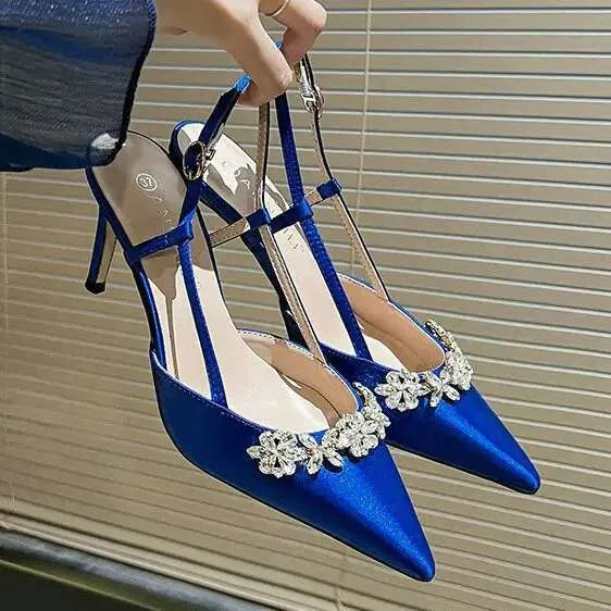 French Temperament High Heels Rhinestone Sandal Female Summer Pointed Satin White Wedding Bridesmaid Shoes Kq8