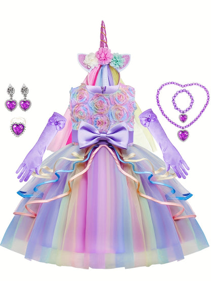 7pcs Girls Unicorn Costume, Rainbow Princess Dress, Toddler Unicorn Birthday Party Dress, Halloween Kids Cosplay, Fairy Tales Dress Up, With Headband Necklace Ring Ear Clip Jewelry Set