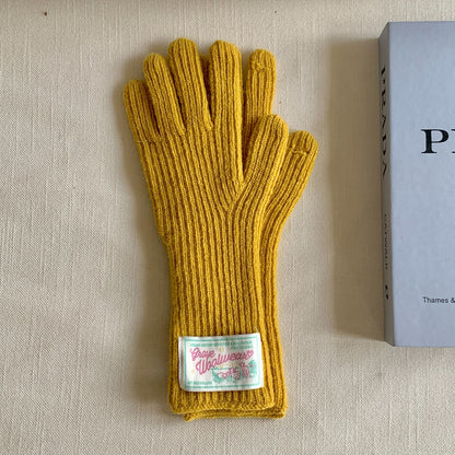 Elegant Solid Color Knit Gloves for Women - Warm, Touchscreen-Compatible with Label Detail, Perfect for Autumn & Winter