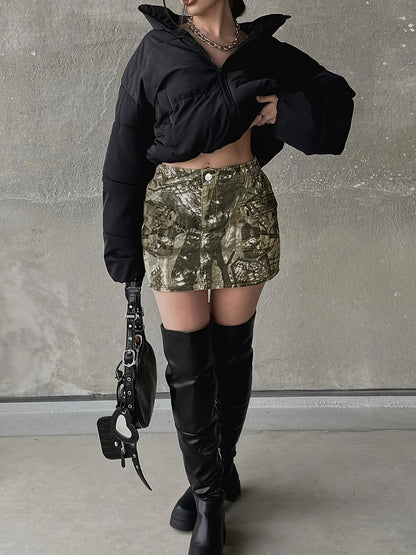 Fashionable High Waist Camo Cargo Denim Skirt - Trendy Flap Pockets, Chic Mini Length, Streetwear Style - Perfect for Womens Casual Wardrobe