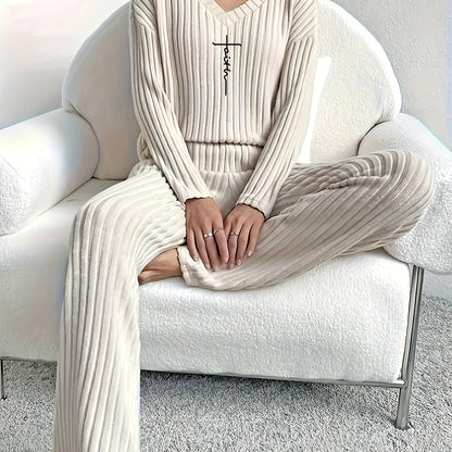 Women's Faith-Inspired Ribbed Two-Piece Set - V Neck Long Sleeve Top & Comfy Pants - Chic Spring & Fall Casual Outfits